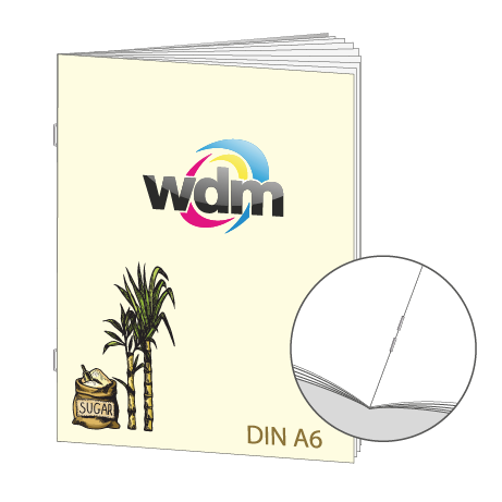 Broschüre aus Zuckerrohrpapier | DIN A6 16-Seiter | bedruckt