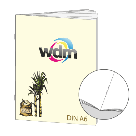 Broschüre aus Zuckerrohrpapier | DIN A6 28-Seiter | bedruckt